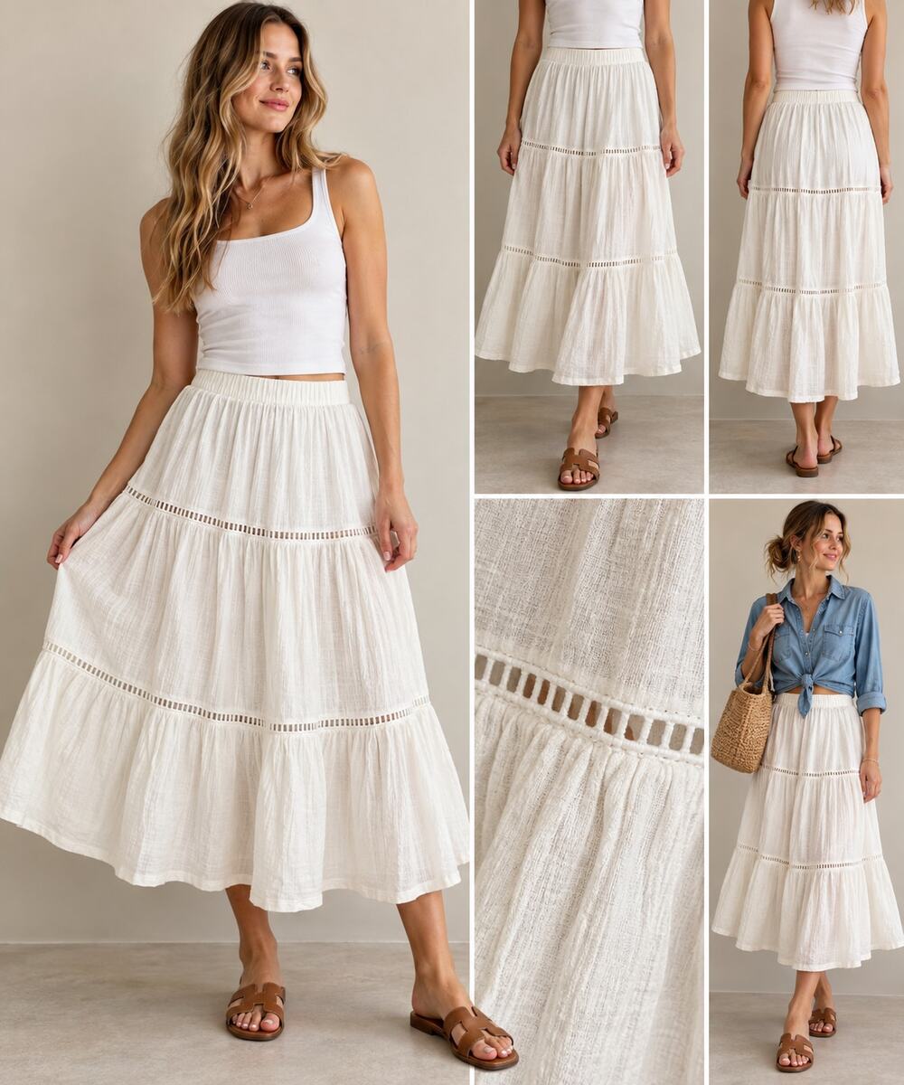 Saturday Sunday Anthropologie White Tiered Midi Skirt M Cottagecore Boho